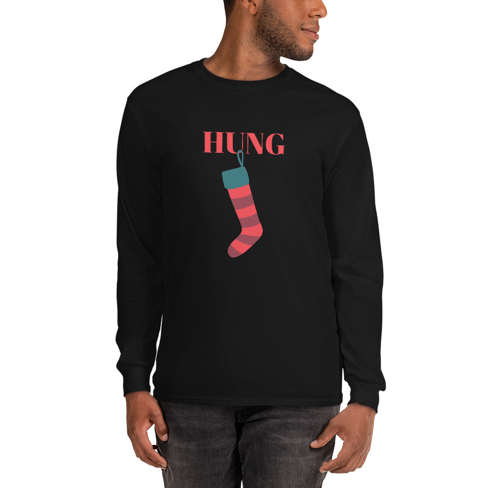 person wearing a black long sleeve shirt with red text that reads 'hung' with a holiday stocking hanging from the letter 'U'