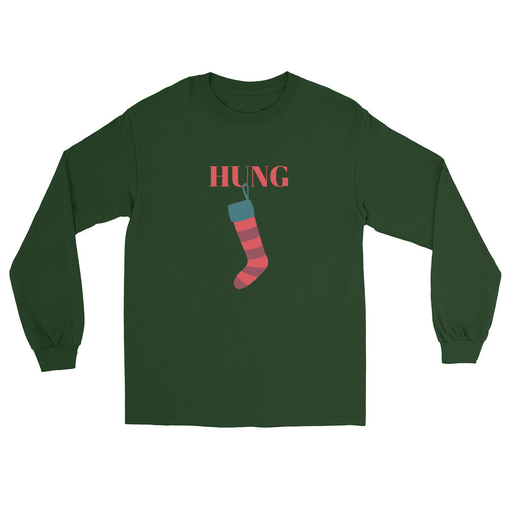 green long sleeve shirt with red text that reads 'hung' with a holiday stocking hanging from the letter 'U'