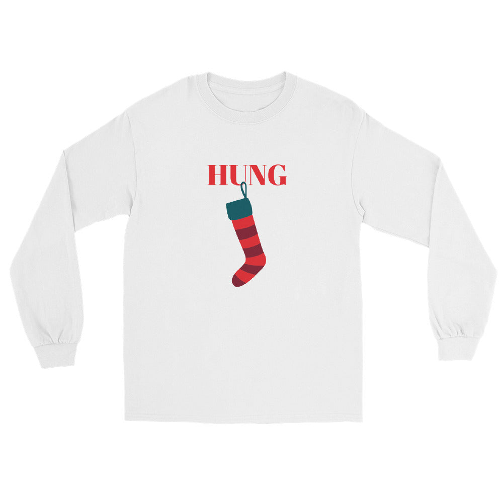 white long sleeve shirt with red text that reads 'hung' with a holiday stocking hanging from the letter 'U'