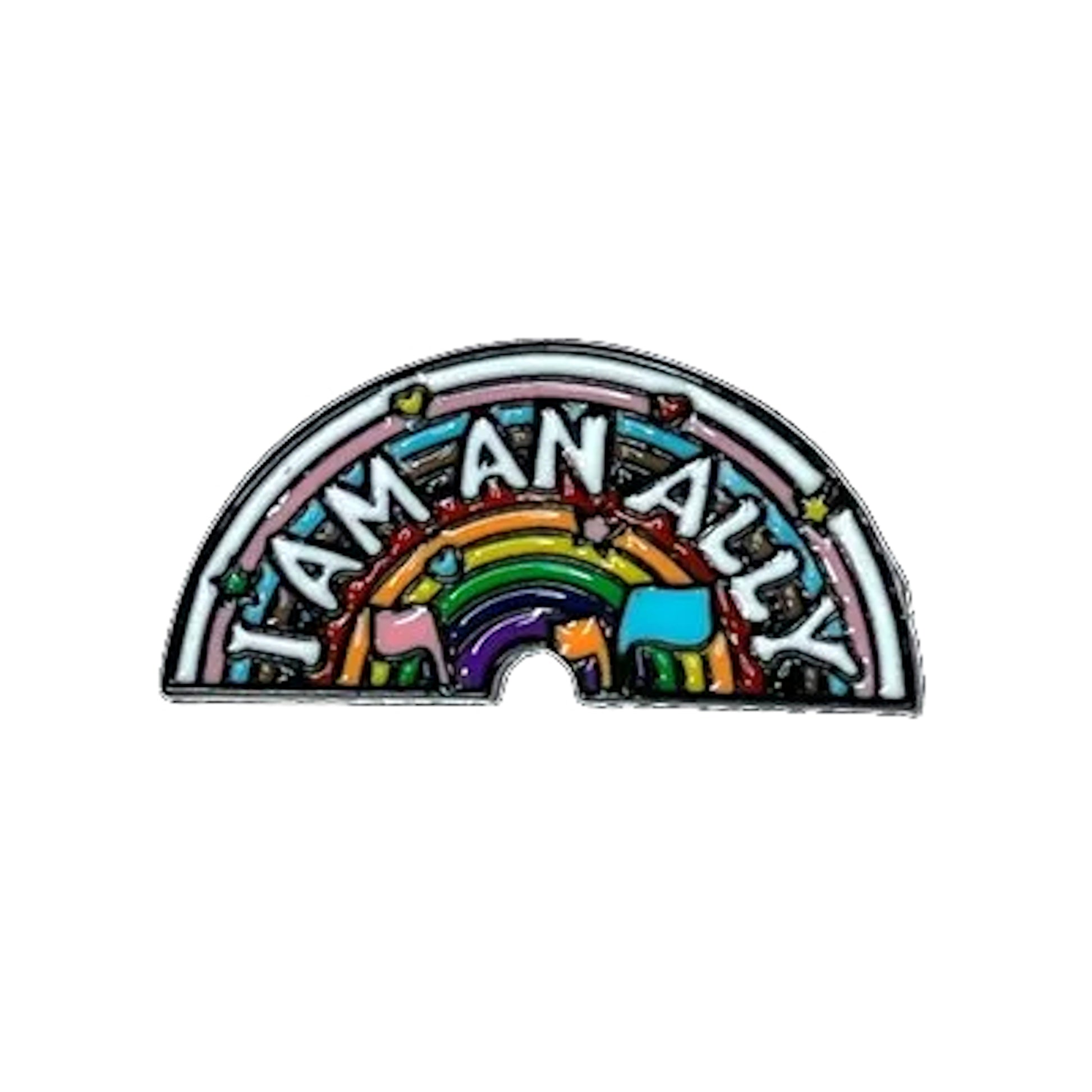 Rainbow-shaped pin with 'I AM AN ALLY' text on a white background