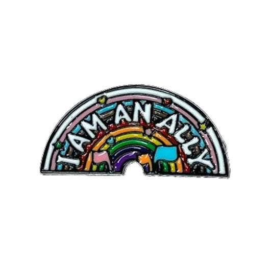 Rainbow-shaped pin with 'I AM AN ALLY' text on a white background
