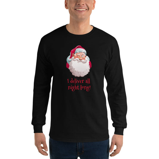 person wearing a black  long sleeve shirt with a traditional santa claus winking and red text that reads 'I deliver all night long'