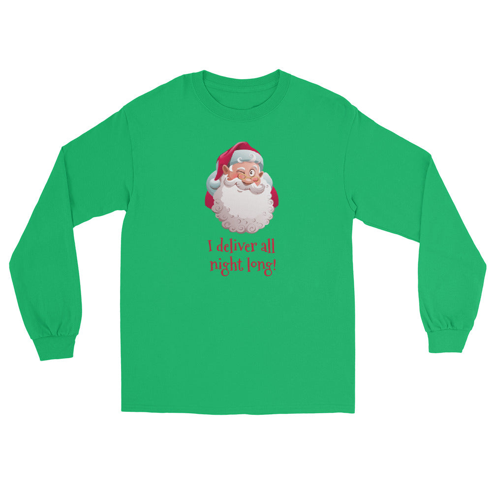 green long sleeve shirt with a traditional santa claus winking and red text that reads 'I deliver all night long'