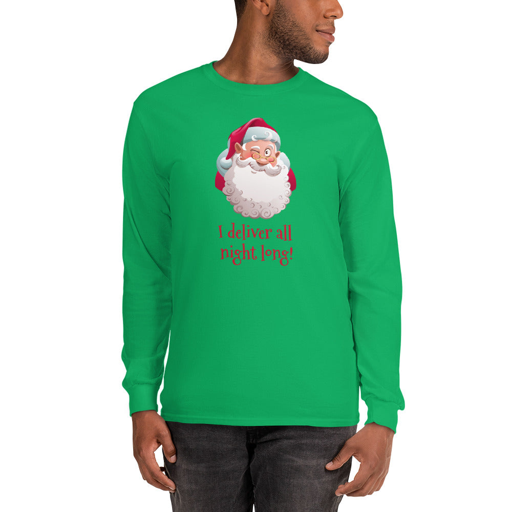 person wearing a green long sleeve shirt with a traditional santa claus winking and red text that reads 'I deliver all night long'