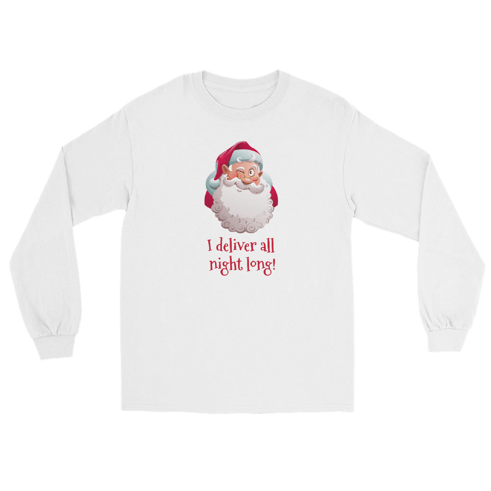white long sleeve shirt with a traditional santa claus winking and red text that reads 'I deliver all night long'