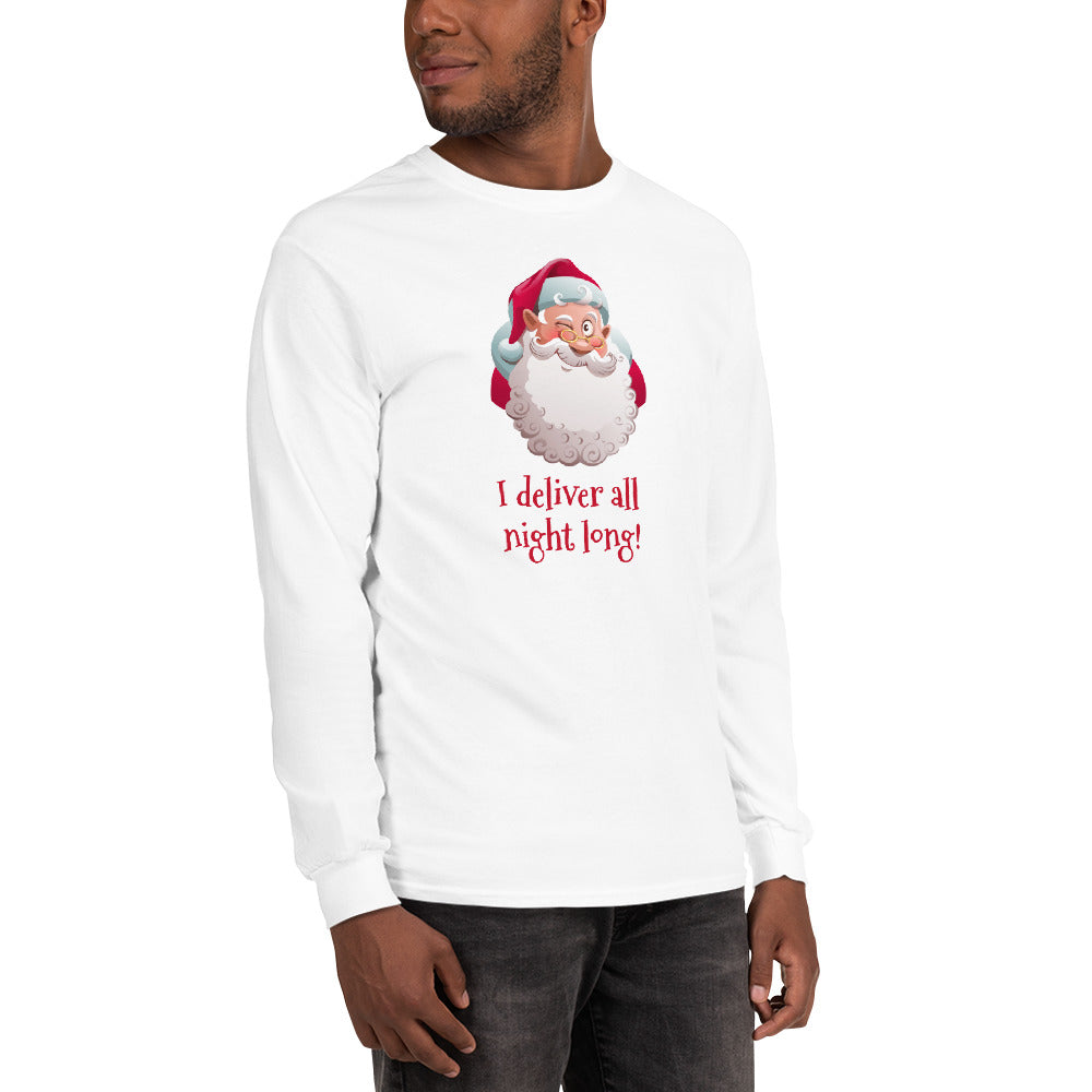 person wearing a white long sleeve shirt with a traditional santa claus winking and red text that reads 'I deliver all night long'