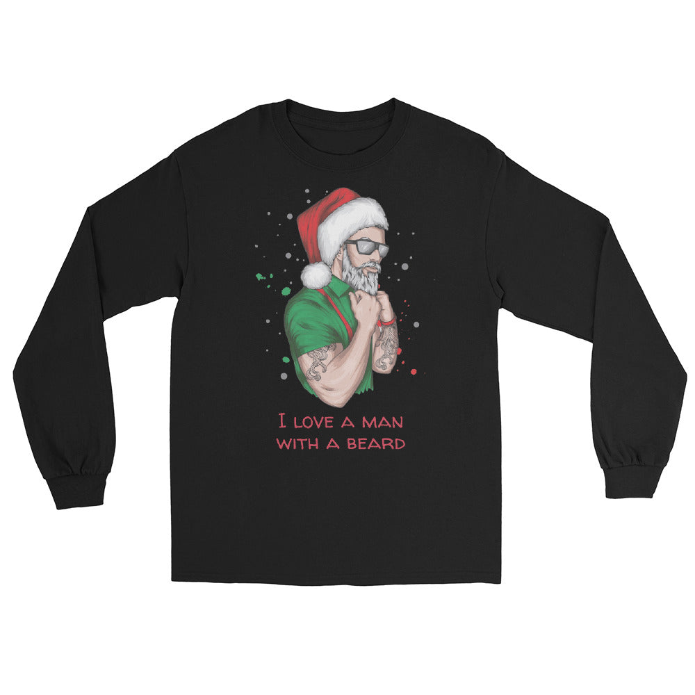 black long sleeve shirt with an image of a lumbersexual style santa wearing a green shirt, red suspenders, traditional santa hat, sunglasses, tattoos, and dark sunglasses