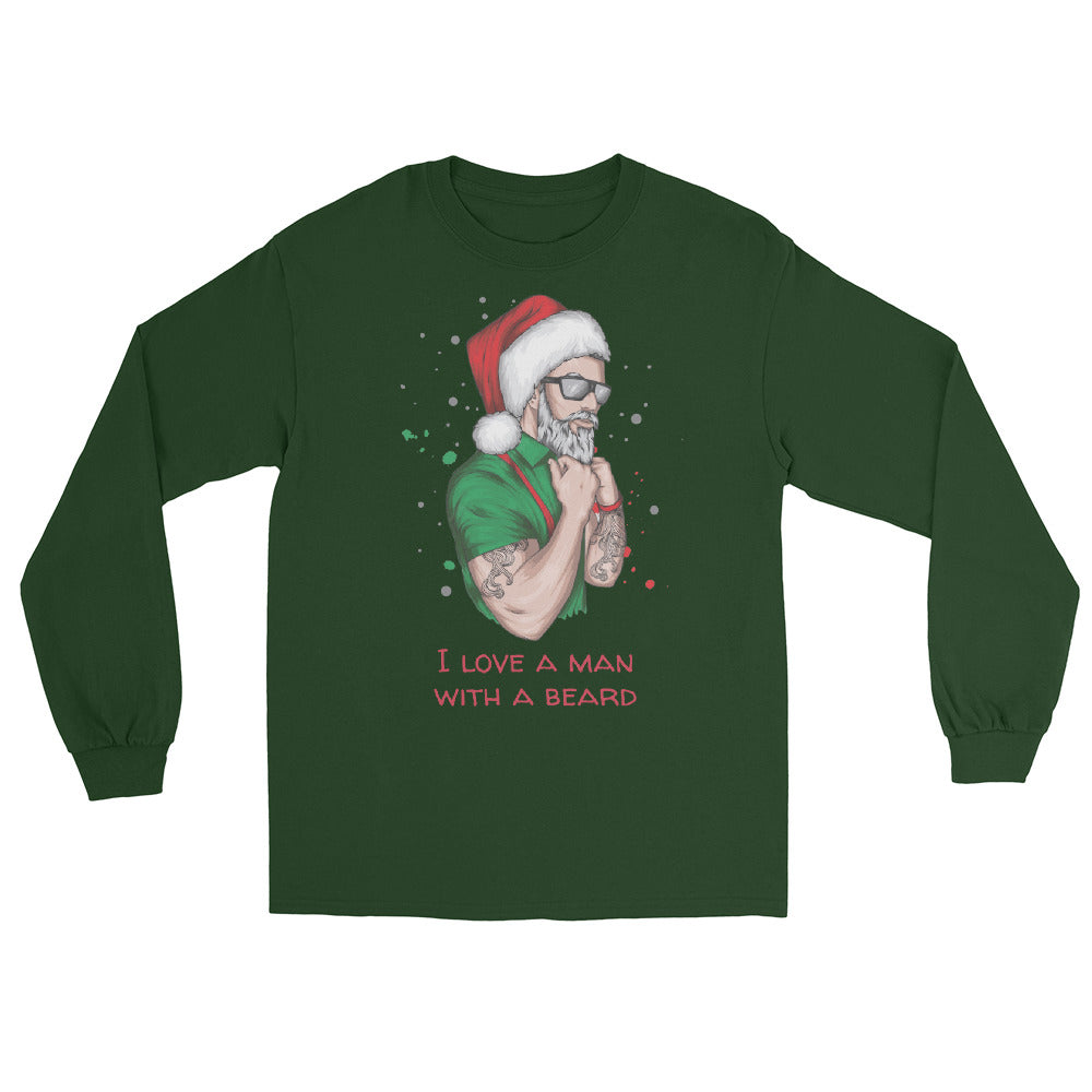 dark green long sleeve shirt with an image of a lumbersexual style santa wearing a green shirt, red suspenders, traditional santa hat, sunglasses, tattoos, and dark sunglasses and text in red that reads ' i love a man with a beard'