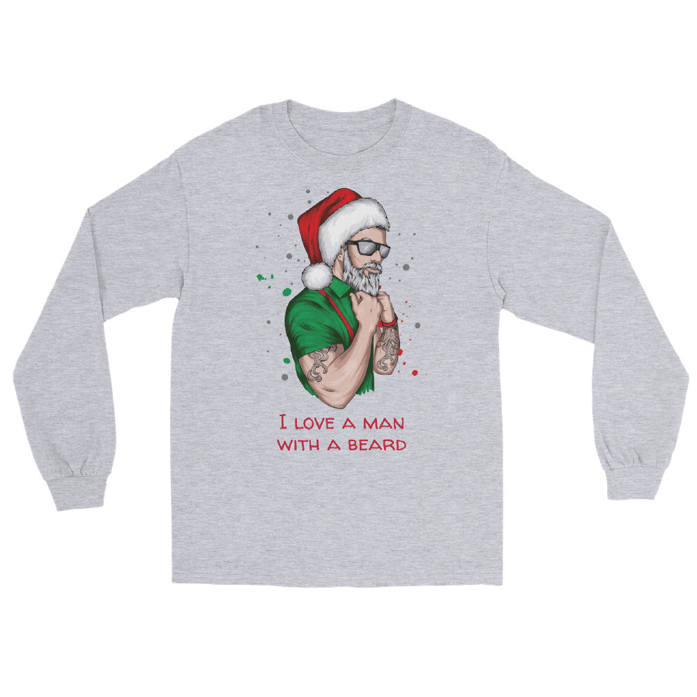 grey long sleeve shirt with an image of a lumbersexual style santa wearing a green shirt, red suspenders, traditional santa hat, sunglasses, tattoos, and dark sunglasses and text in red that reads ' i love a man with a beard'