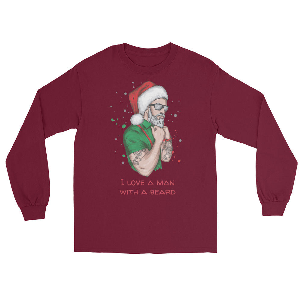 Maroon long sleeve shirt with an image of a lumbersexual style santa wearing a green shirt, red suspenders, traditional santa hat, sunglasses, tattoos, and dark sunglasses and text in red that reads ' i love a man with a beard'