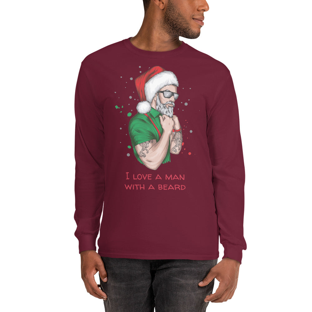 person wearing a maroon long sleeve shirt with an image of a lumbersexual style santa wearing a green shirt, red suspenders, traditional santa hat, sunglasses, tattoos, and dark sunglasses and text in red that reads ' i love a man with a beard'