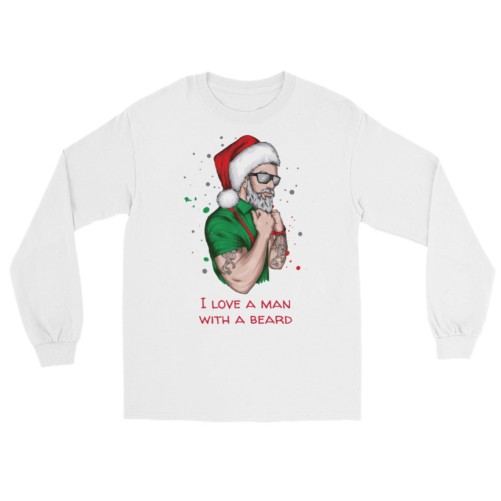 white long sleeve shirt with an image of a lumbersexual style santa wearing a green shirt, red suspenders, traditional santa hat, sunglasses, tattoos, and dark sunglasses and text in red that reads ' i love a man with a beard'