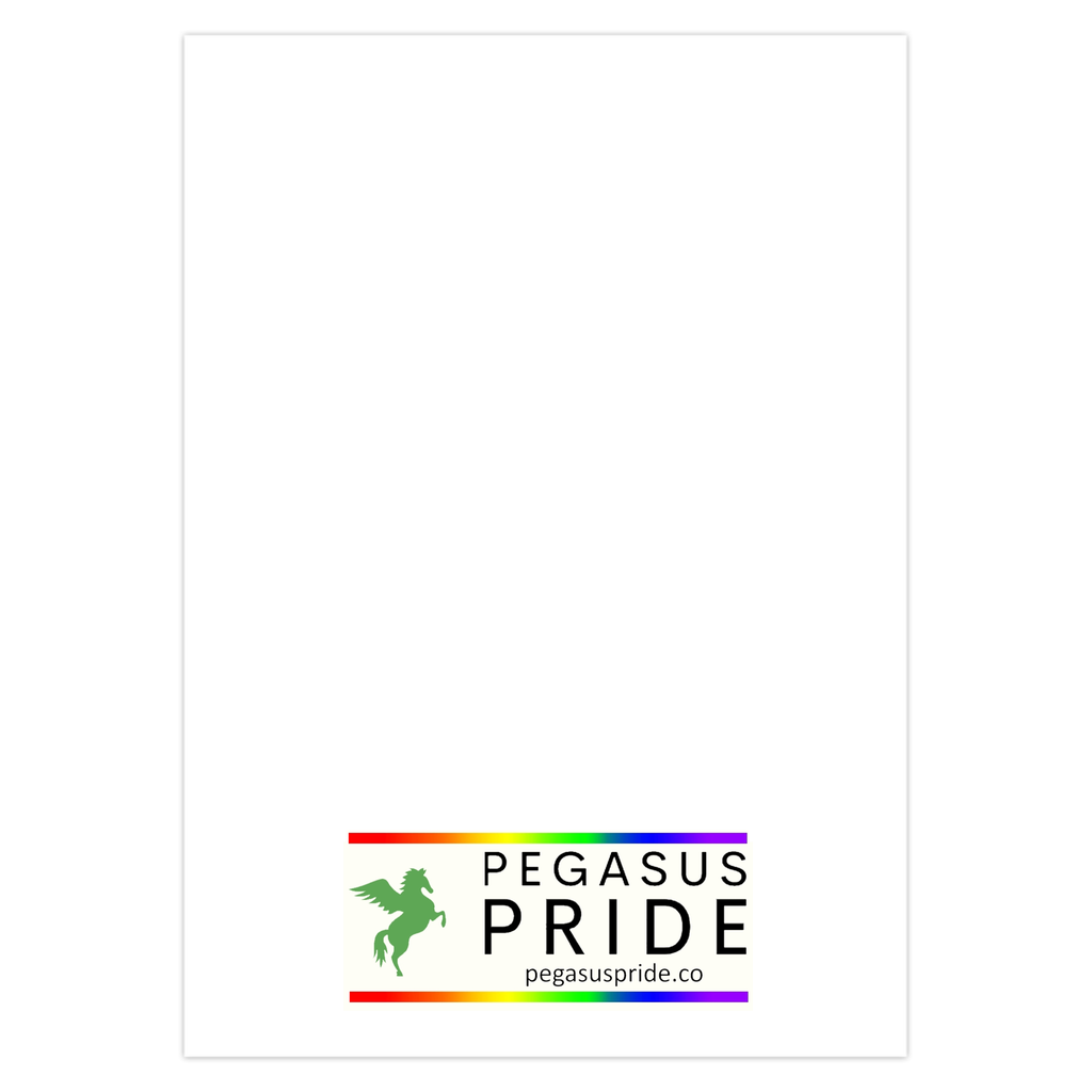 Pegasus Pride logo with rainbow colors on a white back of card