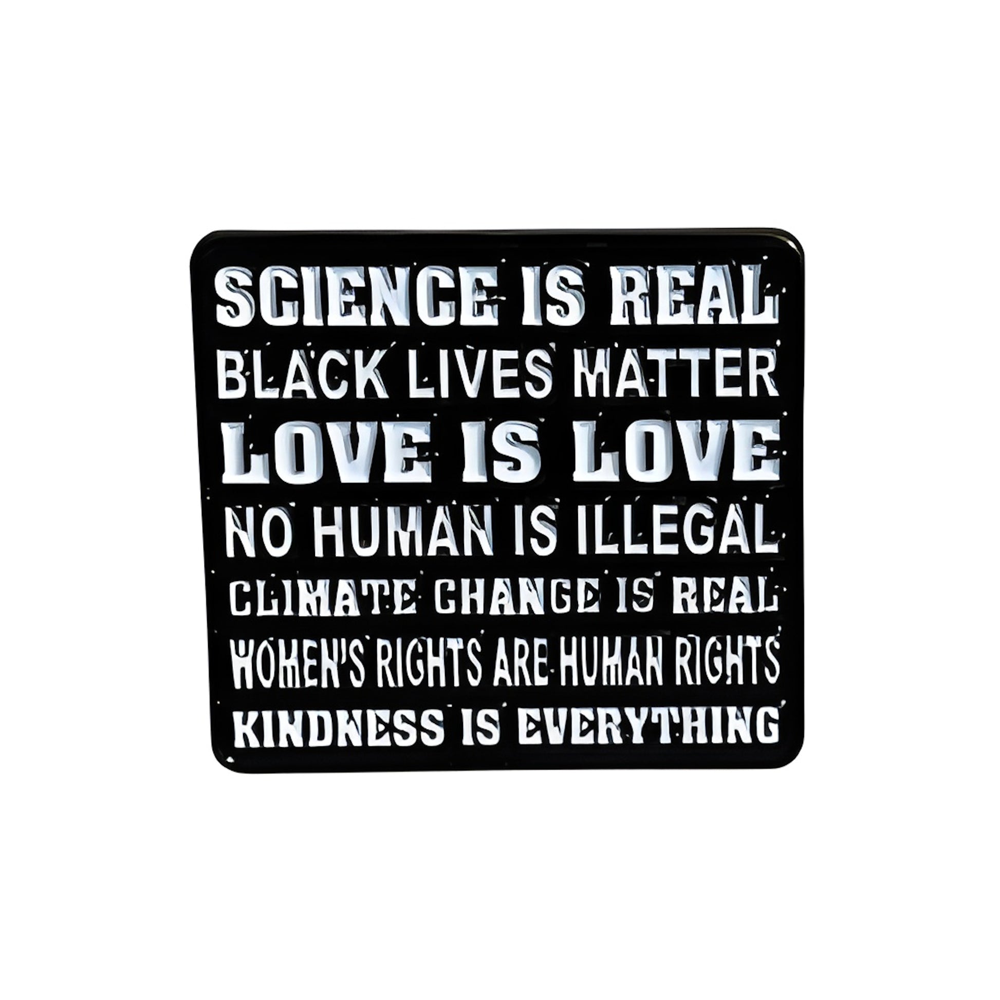 Lapel pin with "Science is Real, Black Lives Matter, Love is Love, No Human is Illegal, Climate Change is Real, Women's Rights are Human Rights, Kindness is Everything" on a white background