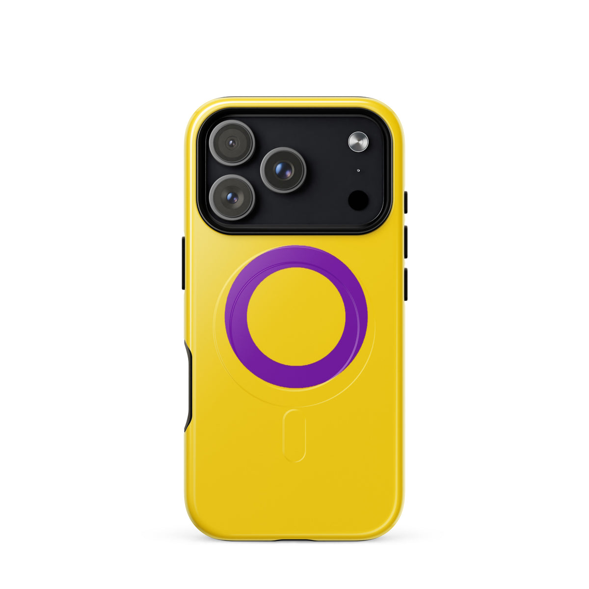 Yellow phone case with a purple circle from intersex pride flag on a white background