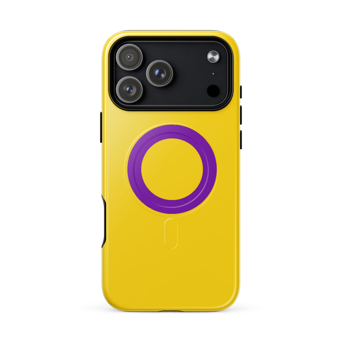 yellow intersex pride flag design iphone case with a purple circle on a white background