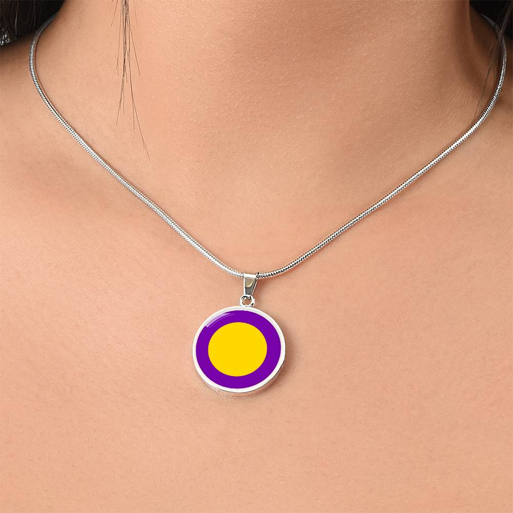 Intersex Pride Circle Pendant Necklace intersex_silver_front_on_model