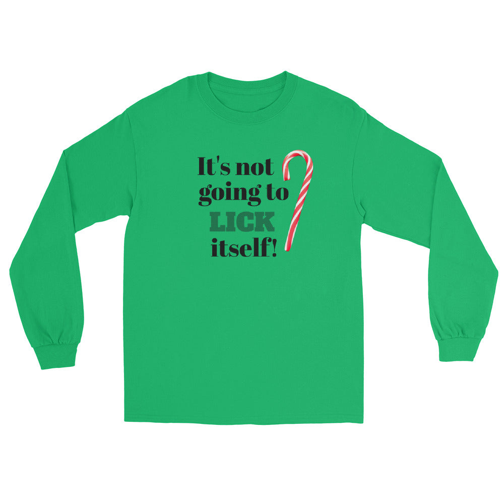 green long sleeve shirt tee shirt with black and green text 'it's not going to lick itself' and a red and white striped holiday candy cane