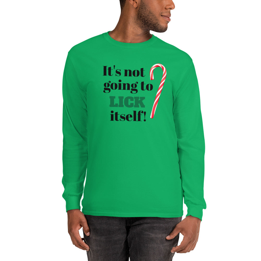 person wearing a green long sleeve shirt tee shirt with black and green text 'it's not going to lick itself' and a red and white striped holiday candy cane