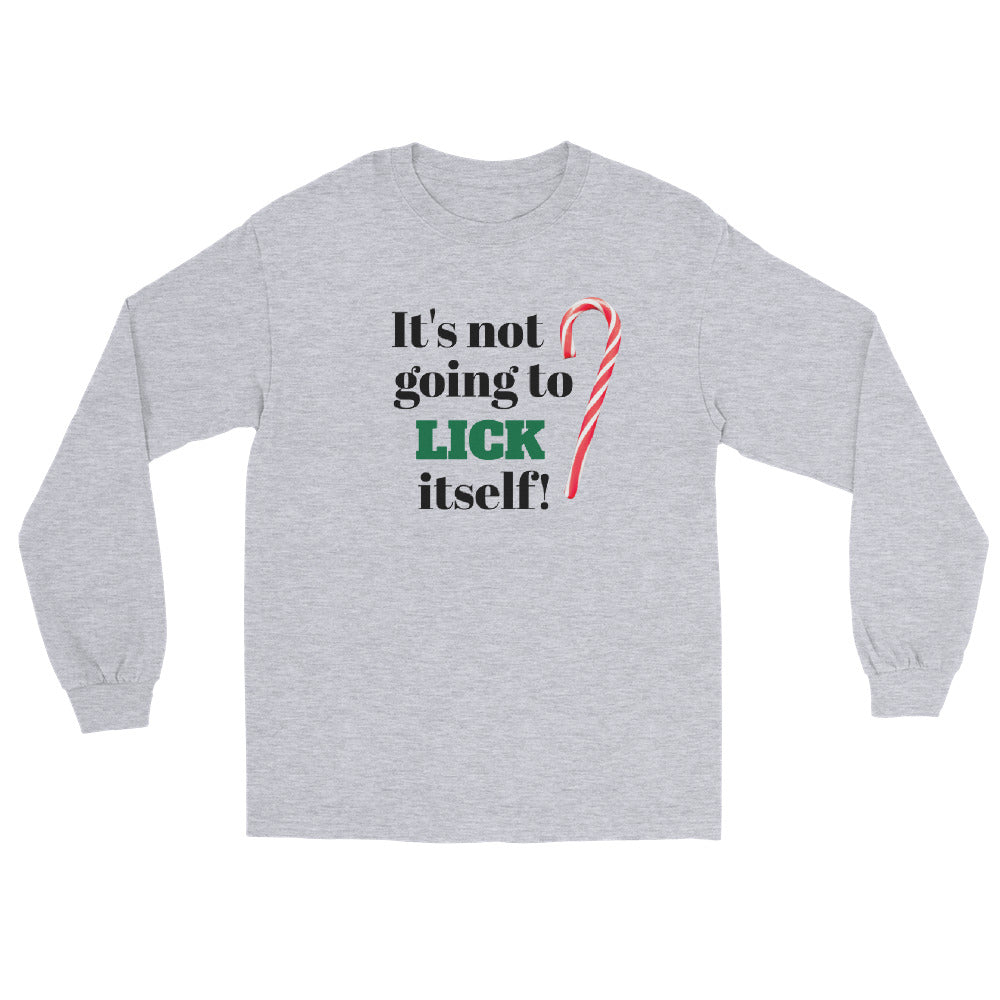 grey long sleeve shirt tee shirt with black and green text 'it's not going to lick itself' and a red and white striped holiday candy cane