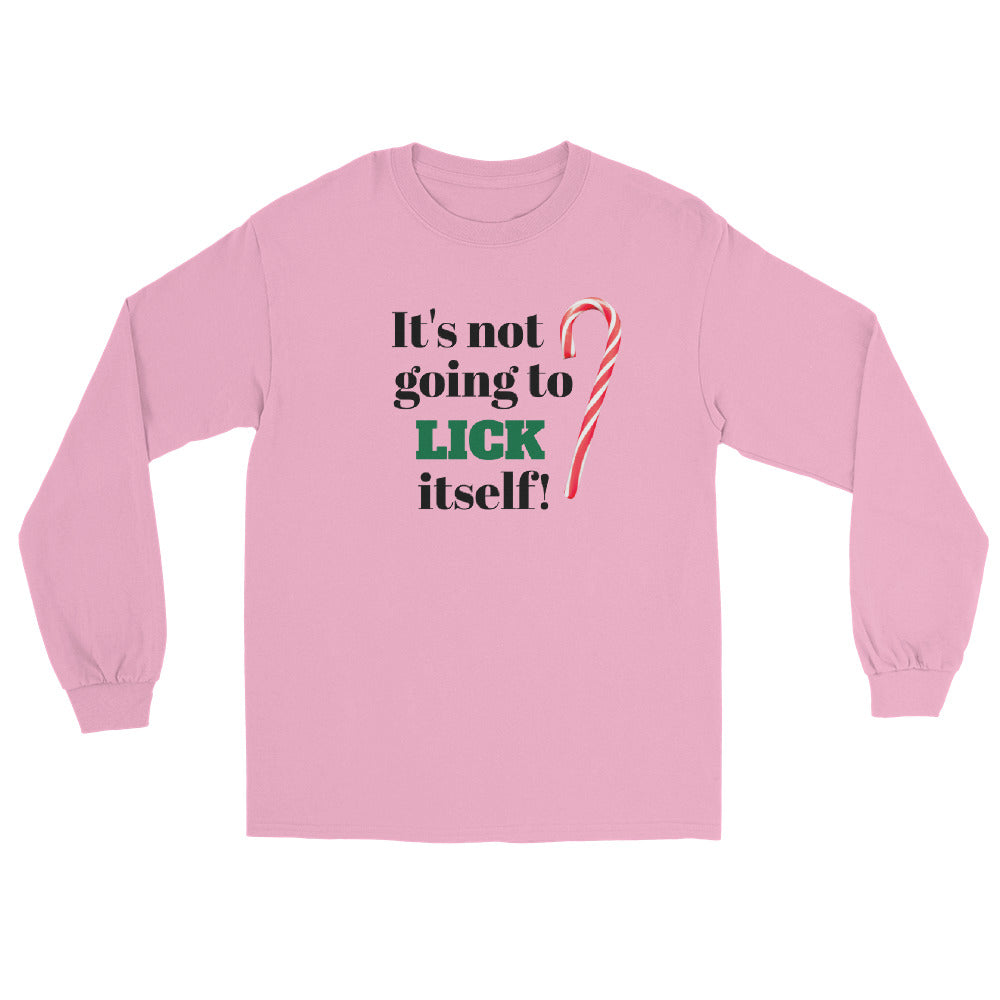 Pink long sleeve shirt tee shirt with black and green text 'it's not going to lick itself' and a red and white striped holiday candy cane
