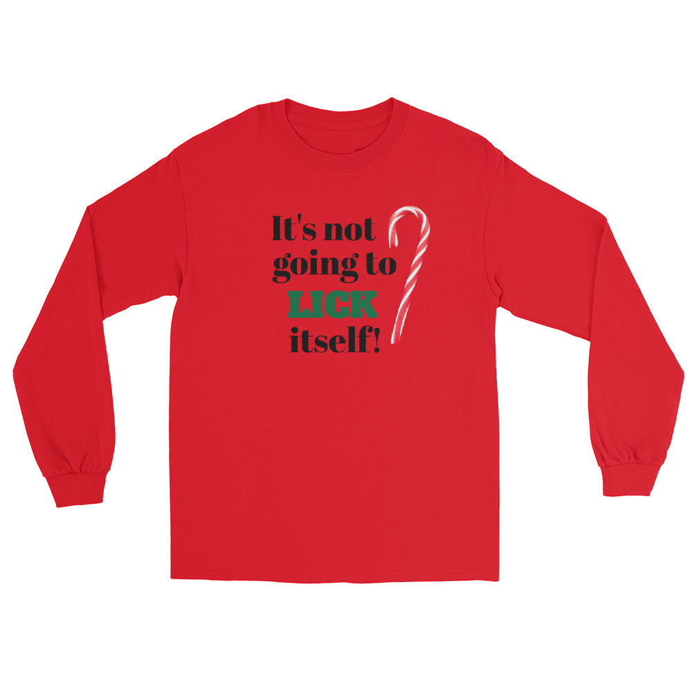 red long sleeve shirt tee shirt with black and green text 'it's not going to lick itself' and a red and white striped holiday candy cane