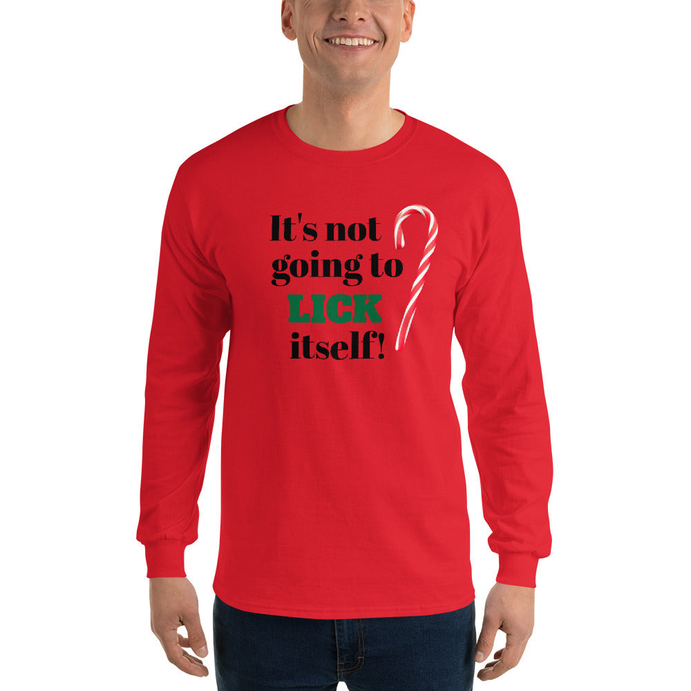 person wearing a red long sleeve shirt tee shirt with black and green text 'it's not going to lick itself' and a red and white striped holiday candy cane