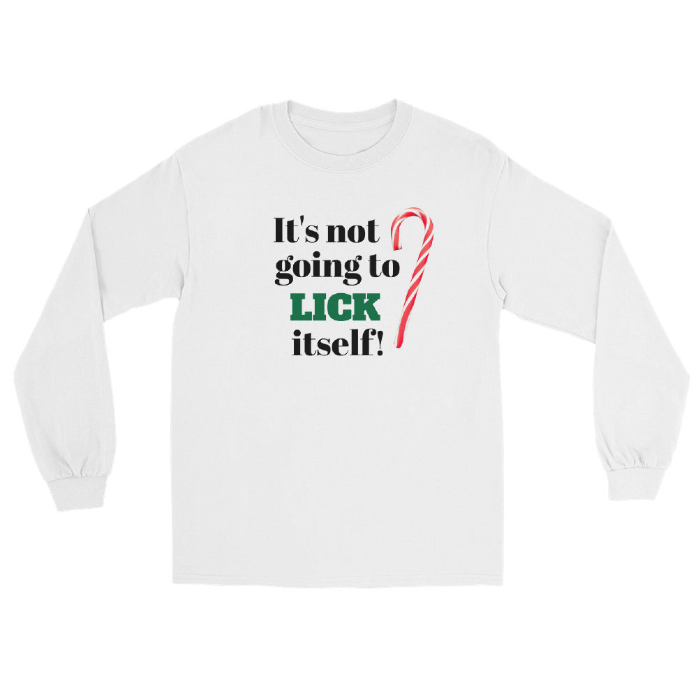 white long sleeve shirt tee shirt with black and green text 'it's not going to lick itself' and a red and white striped holiday candy cane