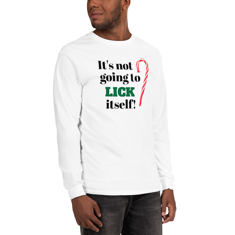 person wearing a white long sleeve shirt tee shirt with black and green text 'it's not going to lick itself' and a red and white striped holiday candy cane