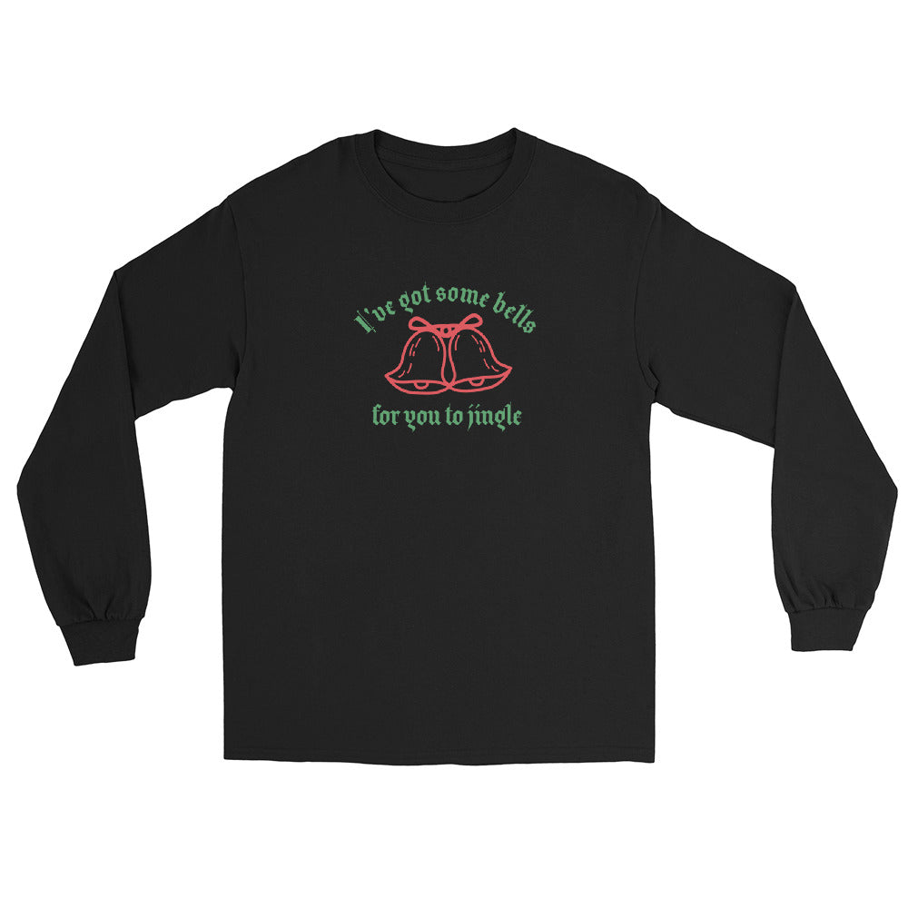 Black long sleeve shirt with green text that reads 'I've got some bells for you to jingle' and two red bells with bows