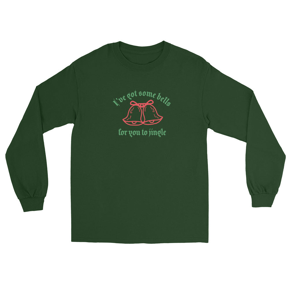 dark green long sleeve shirt with green text that reads 'I've got some bells for you to jingle' and two red bells with bows