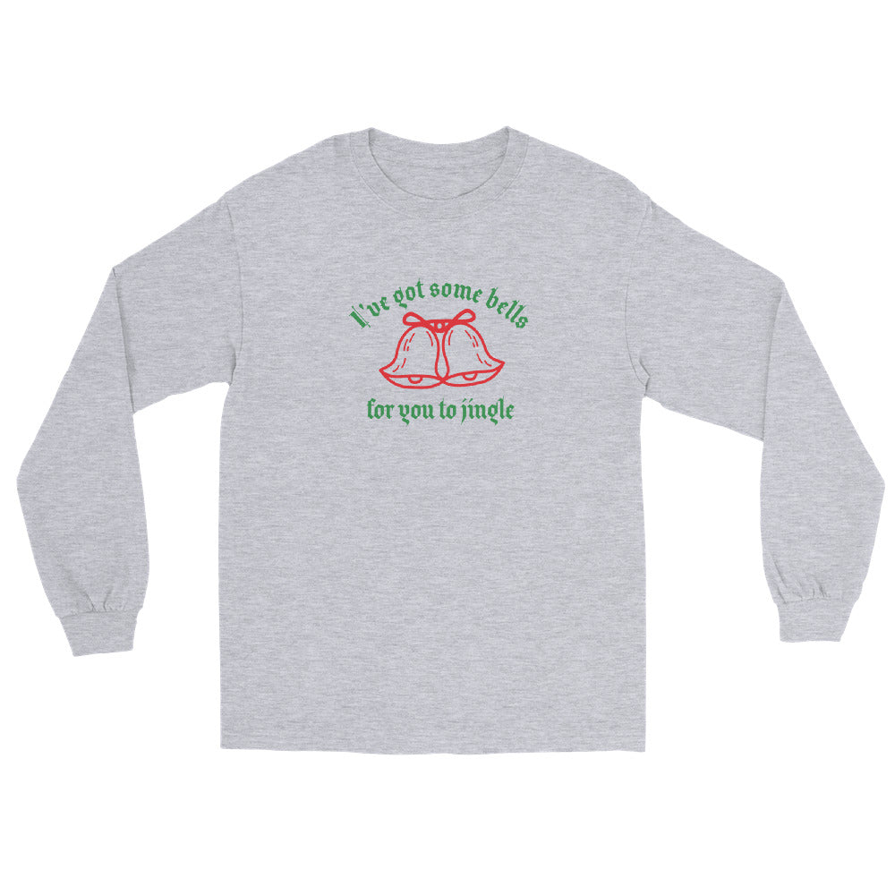 grey long sleeve shirt with green text that reads 'I've got some bells for you to jingle' and two red bells with bows
