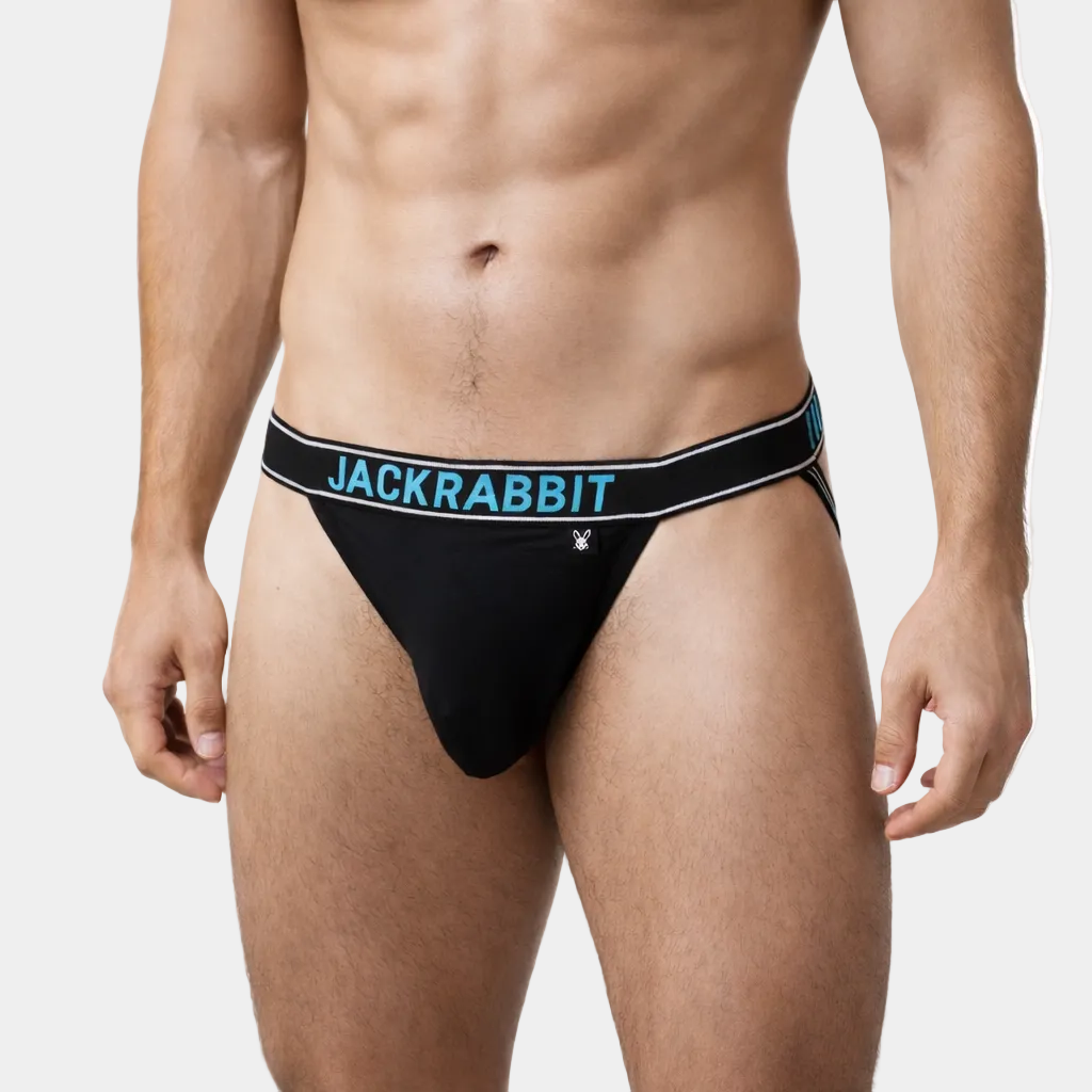 Man wearing black Jackrabbit jock on a plain background