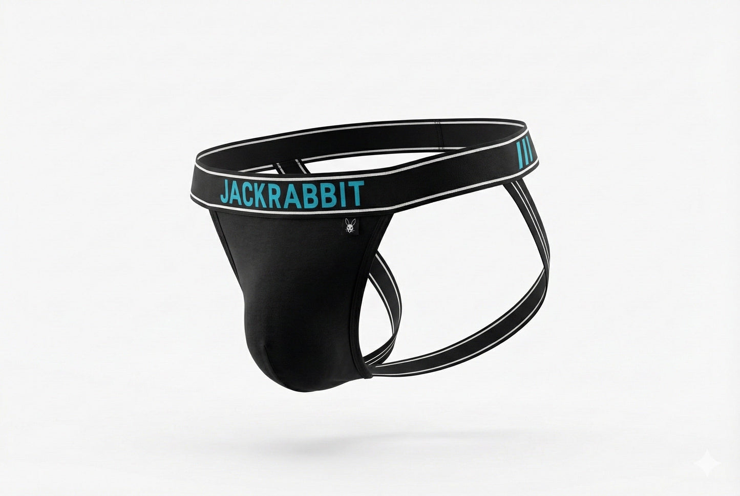 Black men's jock with 'Jackrabbit' branding on a white background