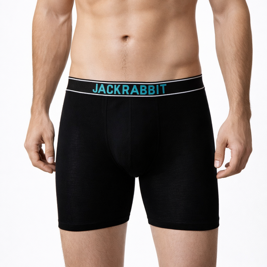 Black boxer briefs with 'Jackrabbit' branding on a white background