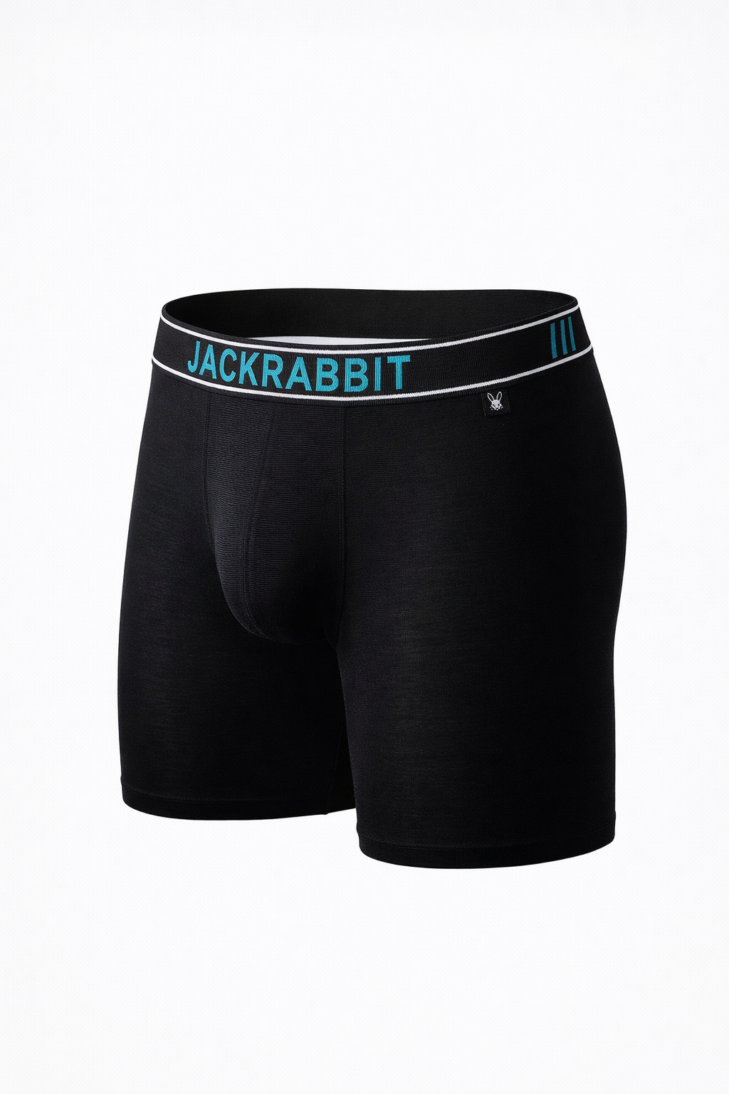 Black boxer briefs with a blue waistband featuring 'Jackrabbit' branding on a white background.