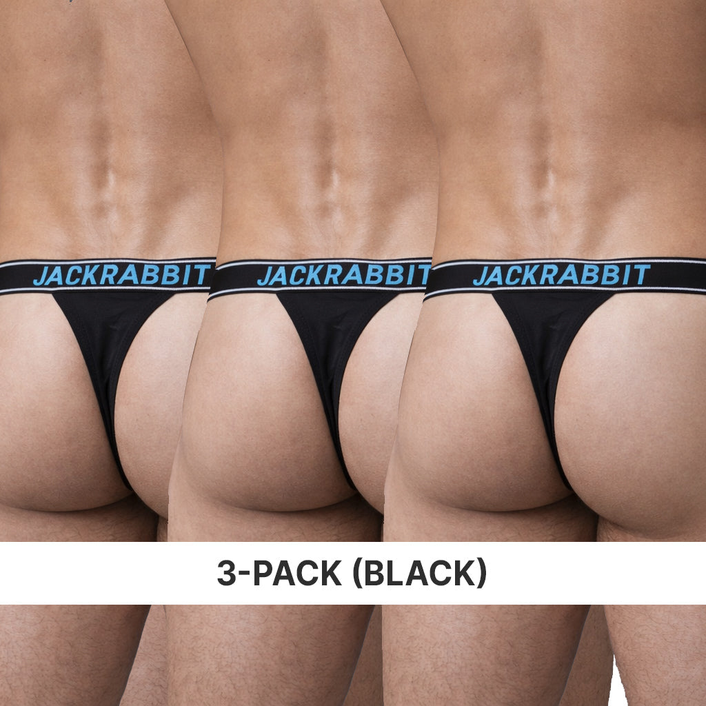 Three pairs of black Jackrabbit underwear on a model, with '3-Pack (Black)' text below.
