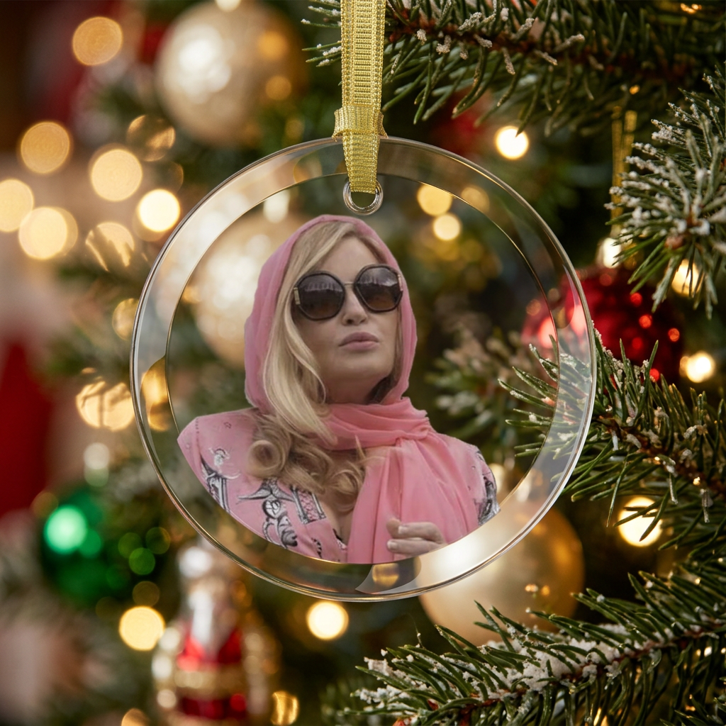 Round crystal clear holiday ornament with image of actress Jennifer Coolidge wearing sunglasses and pink head wrap and blouse hanging from a Christmas tree with lights in background