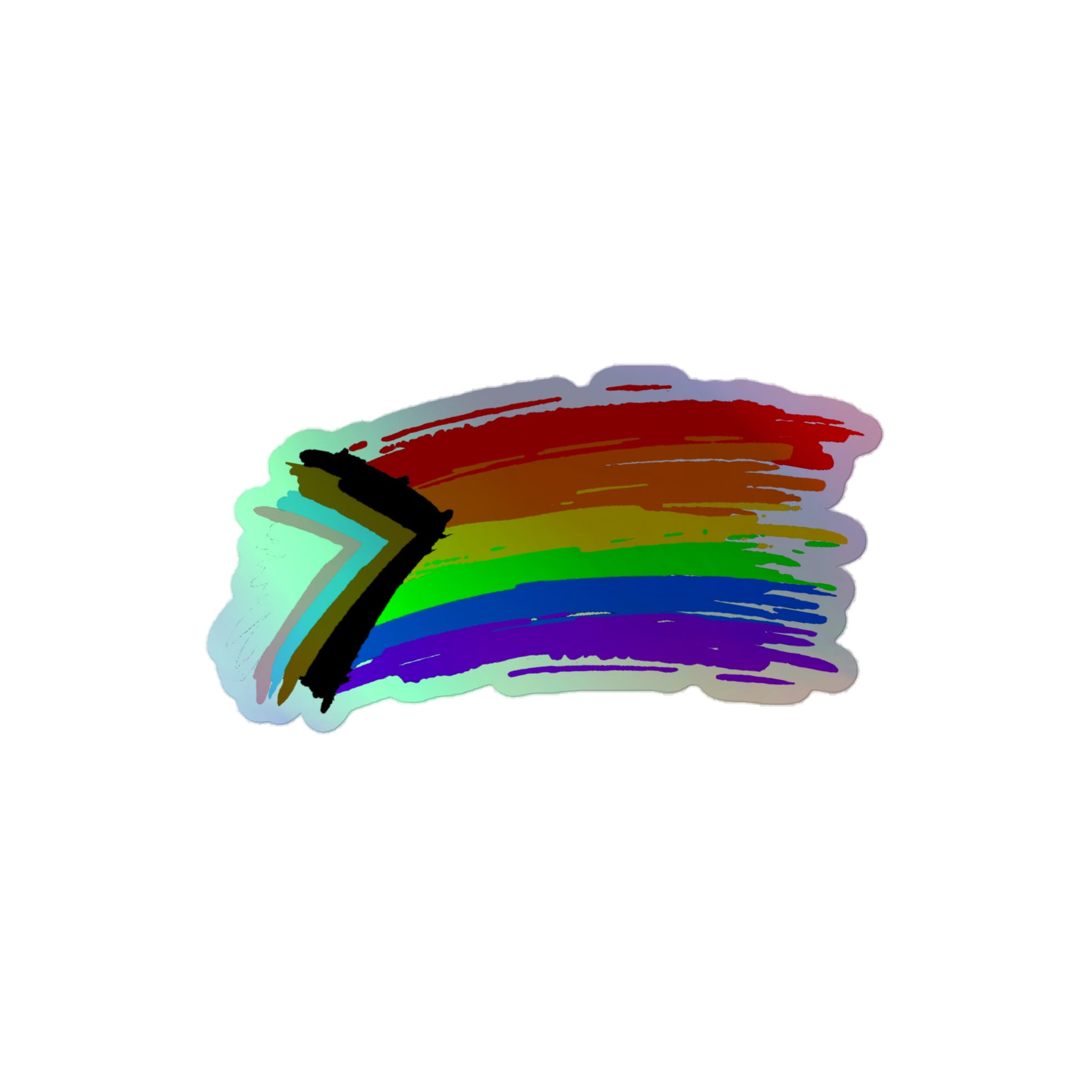 LGBTQ Pride Flag Holographic Sticker - Progress Pride 4″ Pride kiss-cut-holographic-stickers-grey-4x4-front-64a33fc3a535c