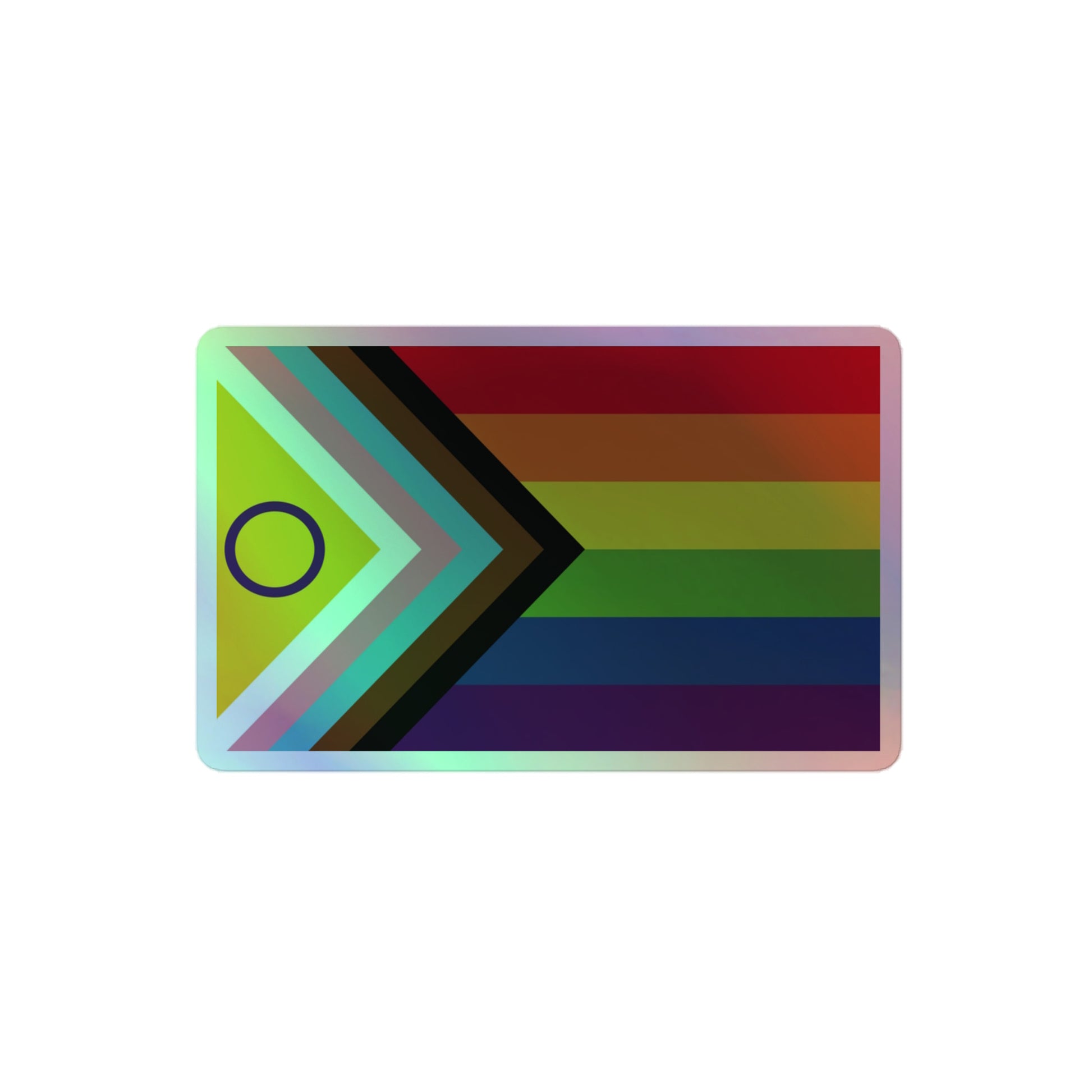 LGBTQ Intersex Inclusive Progress Pride Flag Holographic Sticker 4″ Pride kiss-cut-holographic-stickers-grey-4x4-front-64a3696458de6