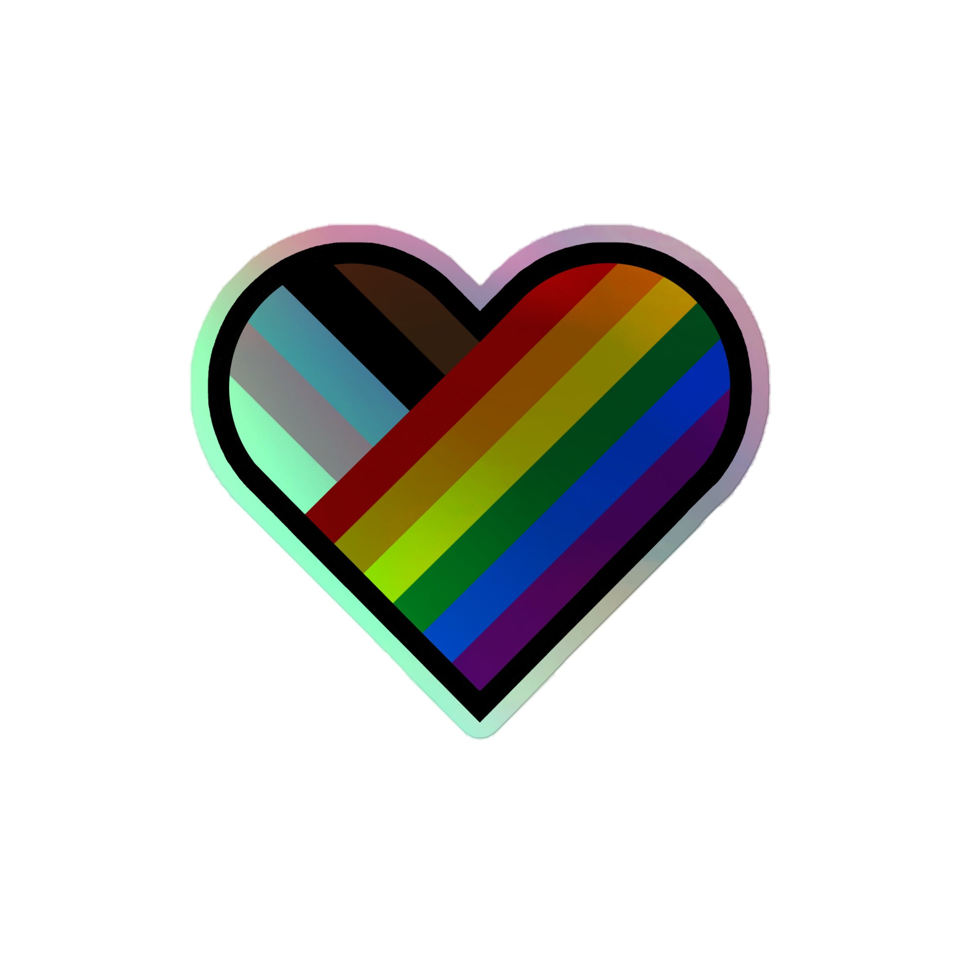 LGBTQ Pride Holographic Sticker - Progress Pride Heart 4″×4″ Pride kiss-cut-holographic-stickers-grey-4x4-front-64a60d2bf0e79