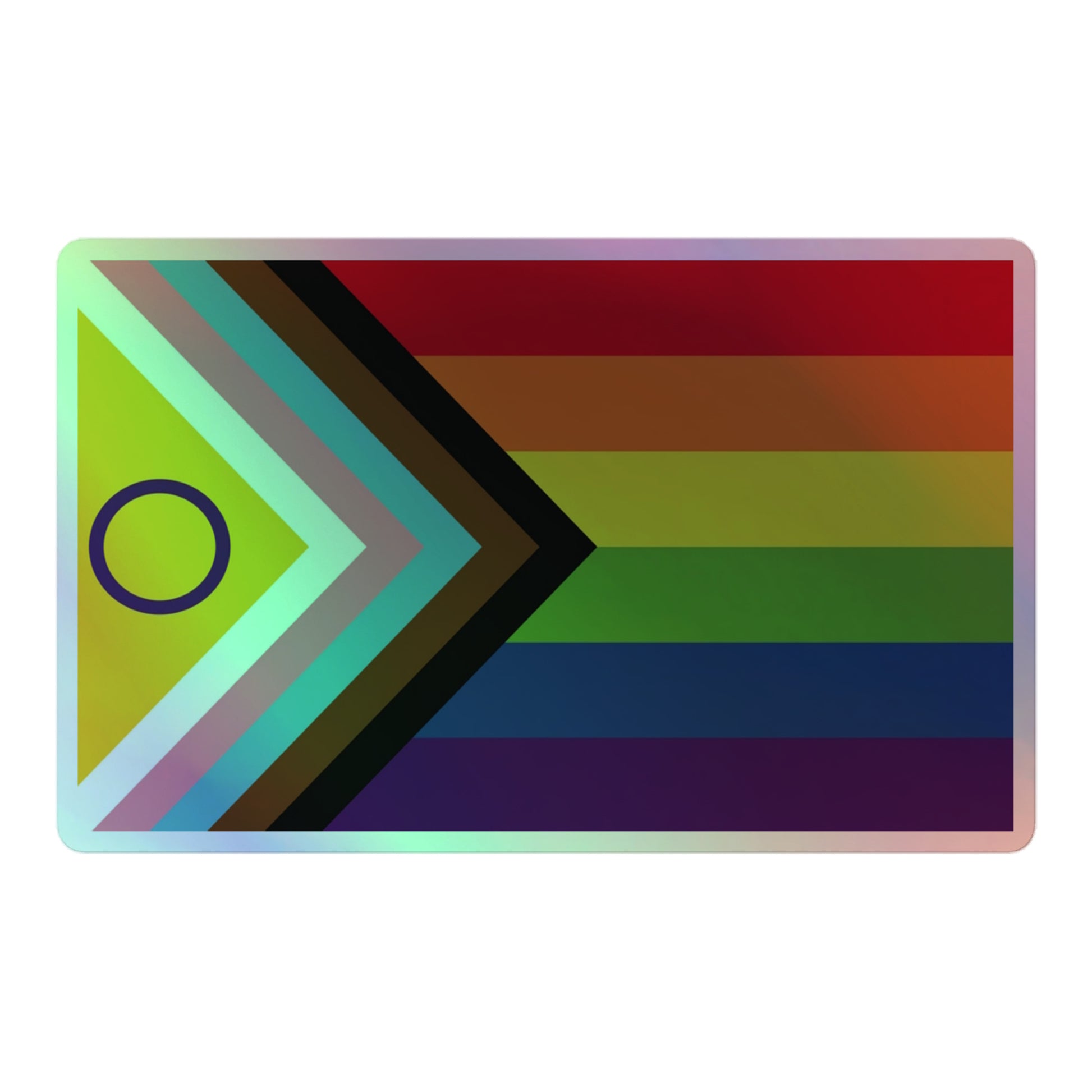 LGBTQ Intersex Inclusive Progress Pride Flag Holographic Sticker 5.5″ Pride kiss-cut-holographic-stickers-grey-5.5x5.5-front-64a3696458035