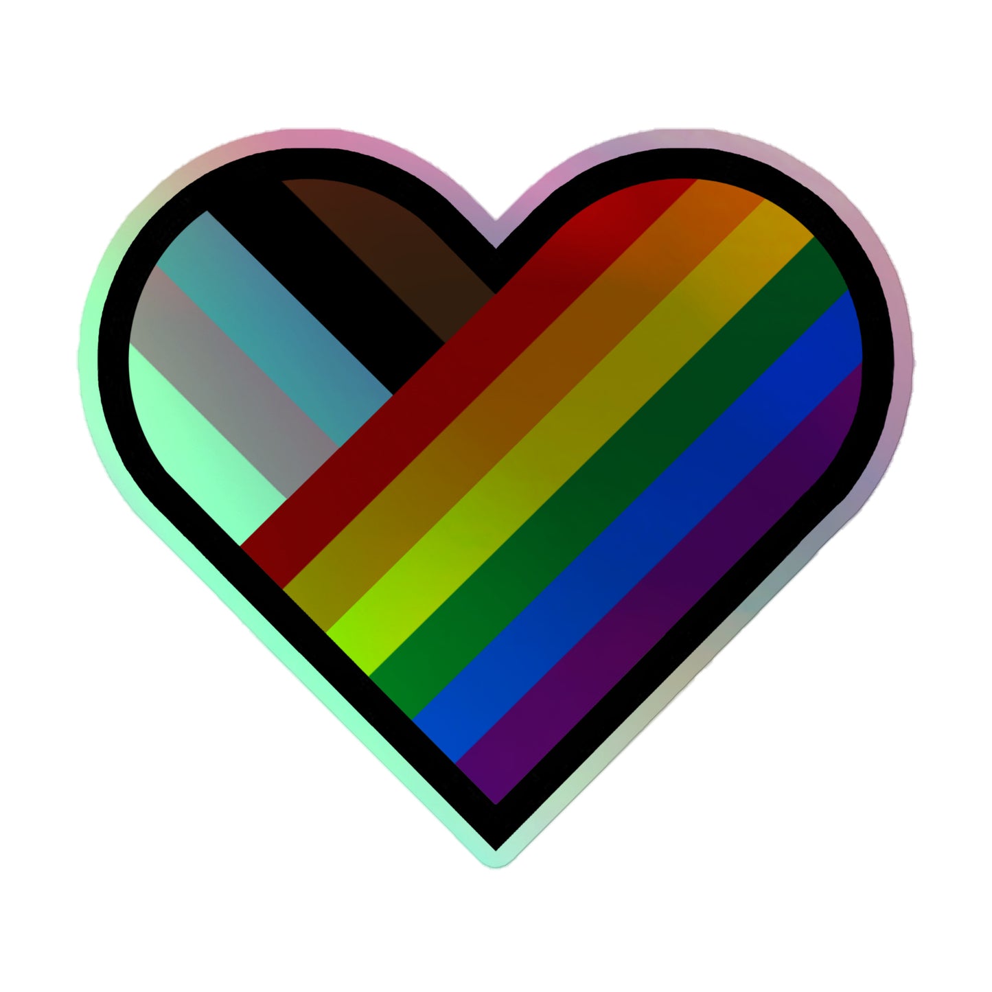 LGBTQ Pride Holographic Sticker - Progress Pride Heart 5.5″×5.5″ Pride kiss-cut-holographic-stickers-grey-5.5x5.5-front-64a60d2bede9f