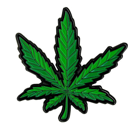 Green cannabis leaf lapel pin with black border on a white background