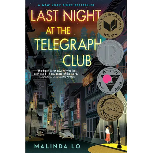 Book cover of 'Last Night at the Telegraph Club' with cityscape illustration and awards.