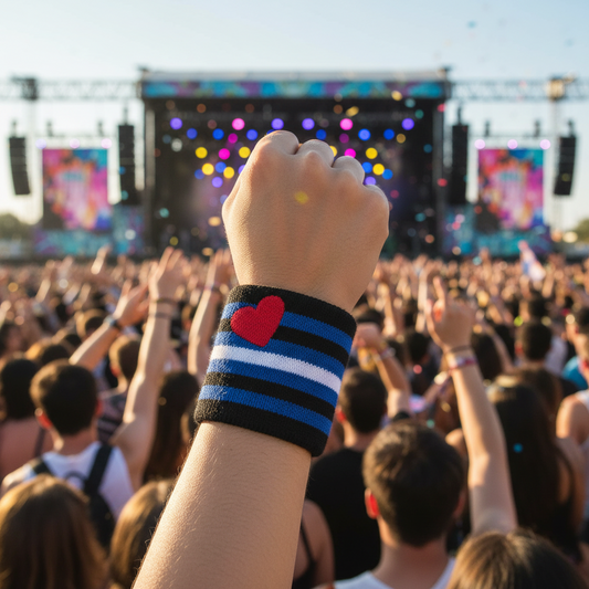 person wearing a wristband with black, blue, and white strips and an embroidered red heart with their fist raised at an outdoor music festival