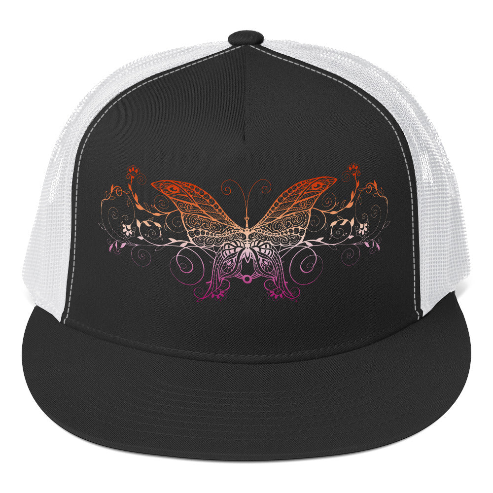 Lesbian Butterfly Trucker Cap Black White Lesbian lesbian-butterfly-trucker-cap-hat-black-white-front