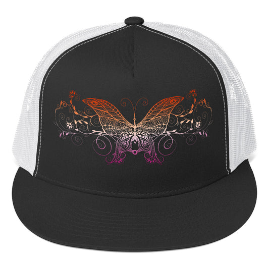 Lesbian Butterfly Trucker Cap Black White Lesbian lesbian-butterfly-trucker-cap-hat-black-white-front