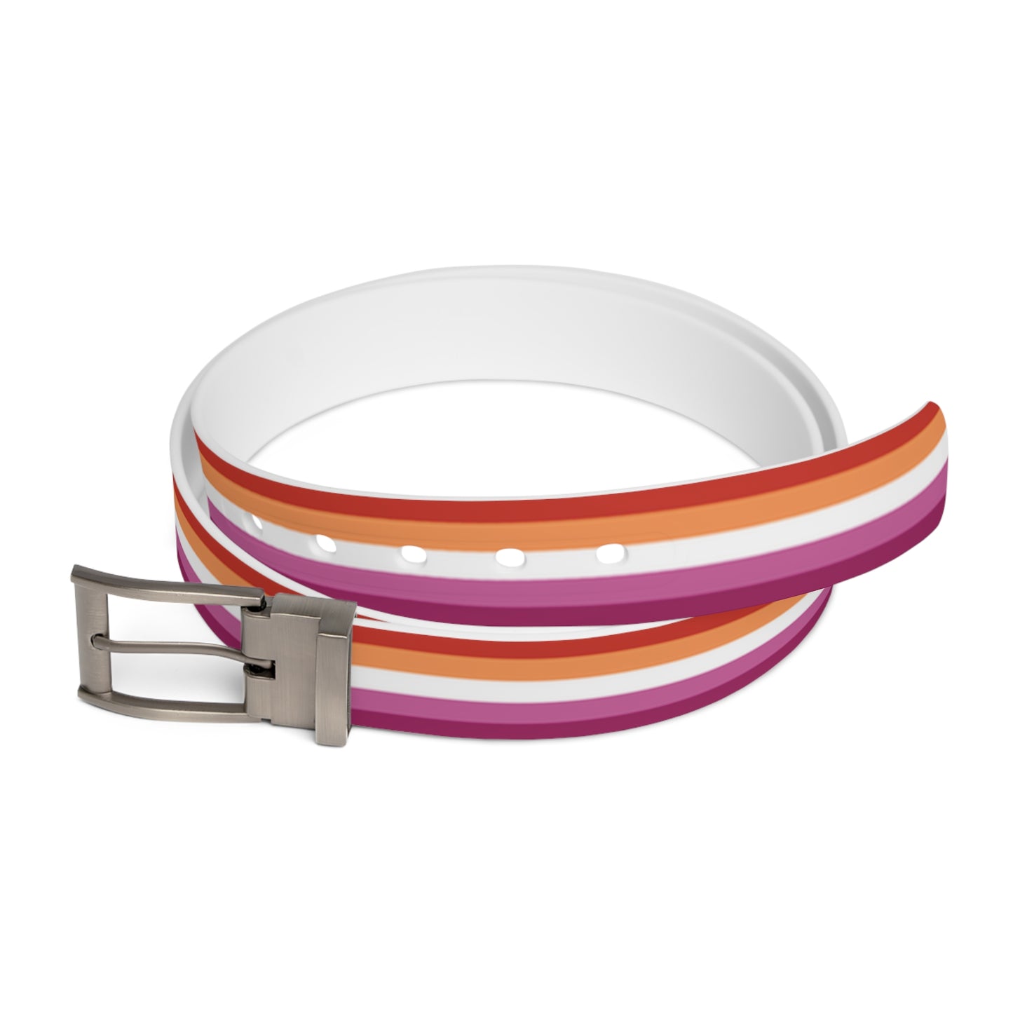 Lesbian pride striped belt with a silver buckle on a white background