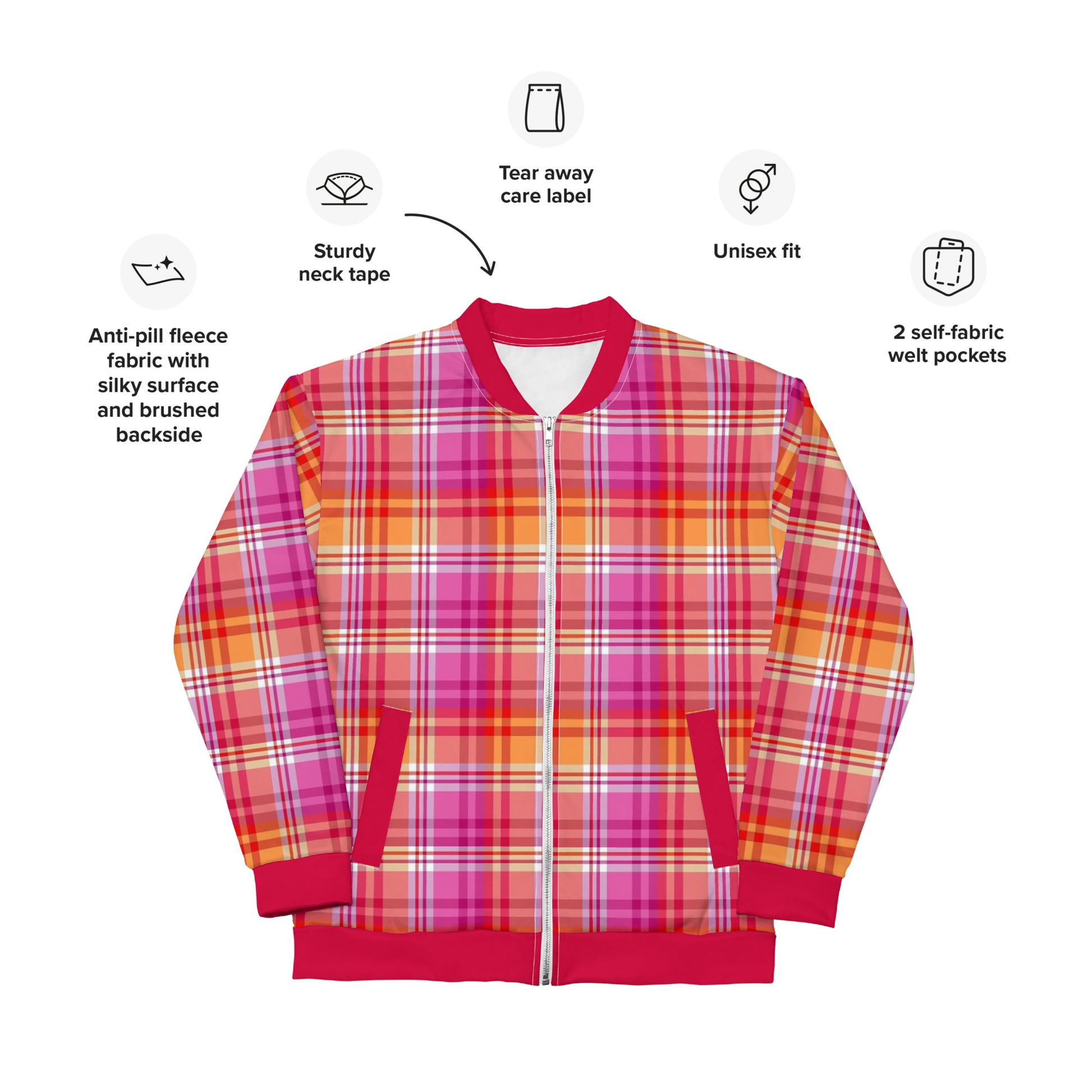 Lesbian Pride Bomber Jacket Coat - Plaid lesbian-pride-bomber-jacket-coat-plaid-unisex-details